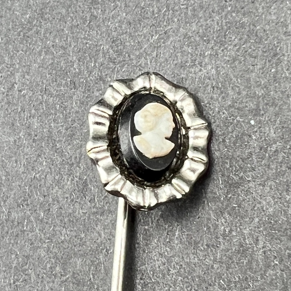 Vintage Acrylic Cameo Stickpin Black White Portrait Ruffled Silver Tone Frame